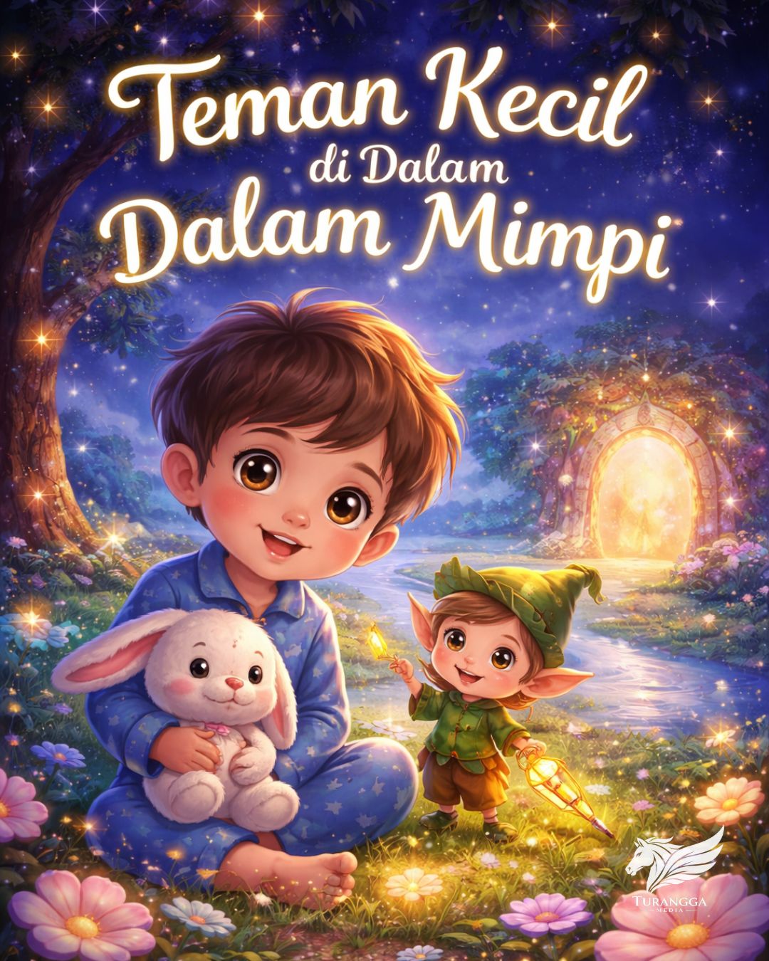 Ilustrasi anak laki-laki dan teman kecil di dunia mimpi dengan suasana malam yang hangat dan menenangkan